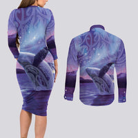 New Zealand Matariki Humpback Whale Couples Matching Long Sleeve Bodycon Dress and Long Sleeve Button Shirt Paikea Maori New Year Purple Galaxy