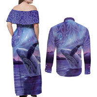 New Zealand Matariki Humpback Whale Couples Matching Off Shoulder Maxi Dress and Long Sleeve Button Shirt Paikea Maori New Year Purple Galaxy