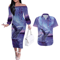 New Zealand Matariki Humpback Whale Couples Matching Off The Shoulder Long Sleeve Dress and Hawaiian Shirt Paikea Maori New Year Purple Galaxy