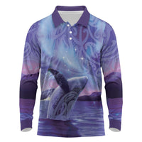 New Zealand Matariki Humpback Whale Long Sleeve Polo Shirt Paikea Maori New Year Purple Galaxy