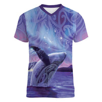 New Zealand Matariki Humpback Whale Women V-Neck T-Shirt Paikea Maori New Year Purple Galaxy