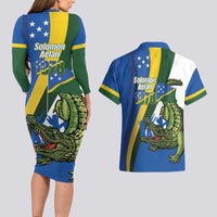 Solomon Islands Independence Day Couples Matching Long Sleeve Bodycon Dress and Hawaiian Shirt Happy 7 July Crocodile Flag Style