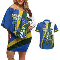 Solomon Islands Independence Day Couples Matching Off Shoulder Short Dress and Hawaiian Shirt Happy 7 July Crocodile Flag Style