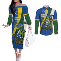 Solomon Islands Independence Day Couples Matching Off The Shoulder Long Sleeve Dress and Long Sleeve Button Shirt Happy 7 July Crocodile Flag Style
