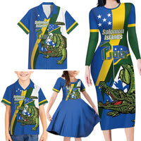 Solomon Islands Independence Day Family Matching Long Sleeve Bodycon Dress and Hawaiian Shirt Happy 7 July Crocodile Flag Style