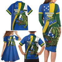 Solomon Islands Independence Day Family Matching Long Sleeve Bodycon Dress and Hawaiian Shirt Happy 7 July Crocodile Flag Style