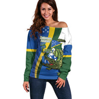 Solomon Islands Independence Day Off Shoulder Sweater Happy 7 July Crocodile Flag Style