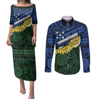 Halo Olaketa Solomon Islands Tapa Pattern Couples Matching Puletasi and Long Sleeve Button Shirt