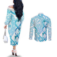 Personalised New Zealand Darts Couples Matching Off The Shoulder Long Sleeve Dress and Long Sleeve Button Shirt Aotearoa Maori Its In My DNA White - Polynesian Pride