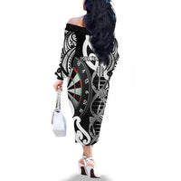 Personalised New Zealand Darts Family Matching Off The Shoulder Long Sleeve Dress and Hawaiian Shirt Aotearoa Maori Its In My DNA Black - Polynesian Pride