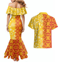 Kahili Quilt Hawaii Couples Matching Mermaid Dress and Hawaiian Shirt Tropical Flower Seamless Half Style