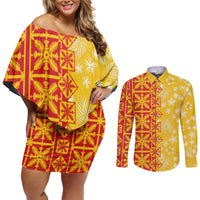 Kahili Quilt Hawaii Couples Matching Off Shoulder Short Dress and Long Sleeve Button Shirt Tropical Flower Seamless Half Style LT14 Yellow - Polynesian Pride