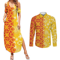 Kahili Quilt Hawaii Couples Matching Summer Maxi Dress and Long Sleeve Button Shirt Tropical Flower Seamless Half Style LT14 Yellow - Polynesian Pride