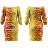 Kahili Quilt Hawaii Family Matching Off The Shoulder Long Sleeve Dress and Hawaiian Shirt Tropical Flower Seamless Half Style LT14 Mom's Dress Yellow - Polynesian Pride