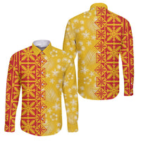 Kahili Quilt Hawaii Family Matching Off The Shoulder Long Sleeve Dress and Hawaiian Shirt Tropical Flower Seamless Half Style LT14 Dad's Shirt - Long Sleeve Yellow - Polynesian Pride