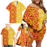 Kahili Quilt Hawaii Family Matching Off Shoulder Short Dress and Hawaiian Shirt Tropical Flower Seamless Half Style