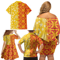 Kahili Quilt Hawaii Family Matching Off Shoulder Short Dress and Hawaiian Shirt Tropical Flower Seamless Half Style LT14 Mom's Dress Yellow - Polynesian Pride