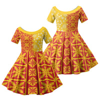Kahili Quilt Hawaii Family Matching Off Shoulder Short Dress and Hawaiian Shirt Tropical Flower Seamless Half Style LT14 Daughter's Dress Yellow - Polynesian Pride