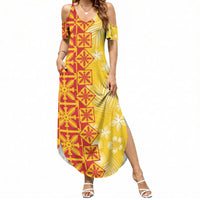Kahili Quilt Hawaii Summer Maxi Dress Tropical Flower Seamless Half Style LT14 Women Yellow - Polynesian Pride