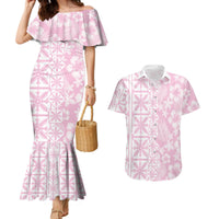 Pastel Pink Kahili Quilt Hawaii Couples Matching Mermaid Dress and Hawaiian Shirt Tropical Flower Seamless Half Style