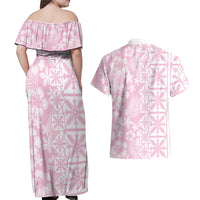 Pastel Pink Kahili Quilt Hawaii Couples Matching Off Shoulder Maxi Dress and Hawaiian Shirt Tropical Flower Seamless Half Style