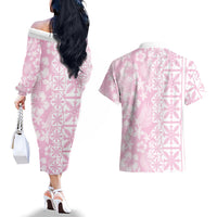 Pastel Pink Kahili Quilt Hawaii Couples Matching Off The Shoulder Long Sleeve Dress and Hawaiian Shirt Tropical Flower Seamless Half Style