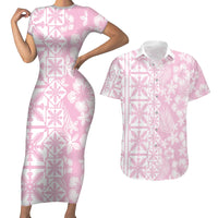 Pastel Pink Kahili Quilt Hawaii Couples Matching Short Sleeve Bodycon Dress and Hawaiian Shirt Tropical Flower Seamless Half Style LT14 Pink - Polynesian Pride