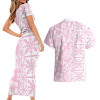 Pastel Pink Kahili Quilt Hawaii Couples Matching Short Sleeve Bodycon Dress and Hawaiian Shirt Tropical Flower Seamless Half Style LT14 - Polynesian Pride