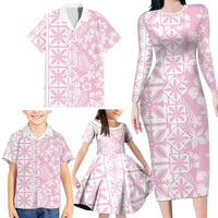 Pastel Pink Kahili Quilt Hawaii Family Matching Long Sleeve Bodycon Dress and Hawaiian Shirt Tropical Flower Seamless Half Style LT14 - Polynesian Pride