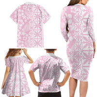 Pastel Pink Kahili Quilt Hawaii Family Matching Long Sleeve Bodycon Dress and Hawaiian Shirt Tropical Flower Seamless Half Style LT14 Mom's Dress Pink - Polynesian Pride