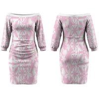 Pastel Pink Kahili Quilt Hawaii Family Matching Off The Shoulder Long Sleeve Dress and Hawaiian Shirt Tropical Flower Seamless Half Style LT14 Mom's Dress Pink - Polynesian Pride