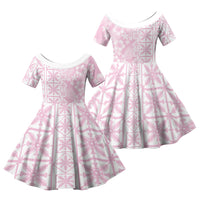 Pastel Pink Kahili Quilt Hawaii Family Matching Off Shoulder Short Dress and Hawaiian Shirt Tropical Flower Seamless Half Style LT14 Daughter's Dress Pink - Polynesian Pride