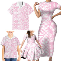 Pastel Pink Kahili Quilt Hawaii Family Matching Short Sleeve Bodycon Dress and Hawaiian Shirt Tropical Flower Seamless Half Style LT14 - Polynesian Pride