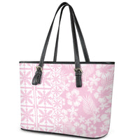 Pastel Pink Kahili Quilt Hawaii Leather Tote Bag Tropical Flower Seamless Half Style