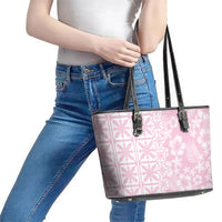 Pastel Pink Kahili Quilt Hawaii Leather Tote Bag Tropical Flower Seamless Half Style