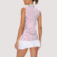 Pastel Pink Kahili Quilt Hawaii Women Sleeveless Polo Shirt Tropical Flower Seamless Half Style
