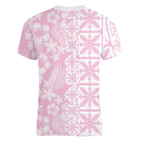 Pastel Pink Kahili Quilt Hawaii Women V-Neck T-Shirt Tropical Flower Seamless Half Style