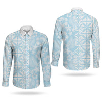 Pastel Blue Kahili Quilt Hawaii Couples Matching Off Shoulder Maxi Dress and Long Sleeve Button Shirt Tropical Flower Seamless Half Style LT14 - Polynesian Pride