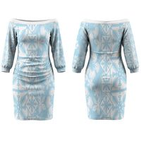 Pastel Blue Kahili Quilt Hawaii Couples Matching Off The Shoulder Long Sleeve Dress and Hawaiian Shirt Tropical Flower Seamless Half Style LT14 - Polynesian Pride