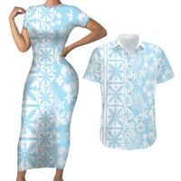 Pastel Blue Kahili Quilt Hawaii Couples Matching Short Sleeve Bodycon Dress and Hawaiian Shirt Tropical Flower Seamless Half Style LT14 Blue - Polynesian Pride