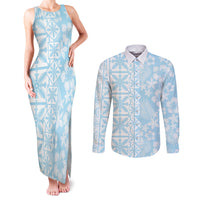 Pastel Blue Kahili Quilt Hawaii Couples Matching Tank Maxi Dress and Long Sleeve Button Shirt Tropical Flower Seamless Half Style