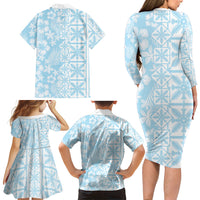 Pastel Blue Kahili Quilt Hawaii Family Matching Long Sleeve Bodycon Dress and Hawaiian Shirt Tropical Flower Seamless Half Style