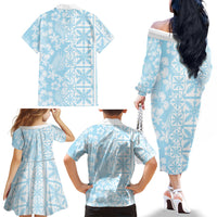 Pastel Blue Kahili Quilt Hawaii Family Matching Off The Shoulder Long Sleeve Dress and Hawaiian Shirt Tropical Flower Seamless Half Style LT14 Mom's Dress Blue - Polynesian Pride