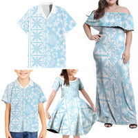 Pastel Blue Kahili Quilt Hawaii Family Matching Off Shoulder Maxi Dress and Hawaiian Shirt Tropical Flower Seamless Half Style