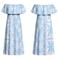 Pastel Blue Kahili Quilt Hawaii Family Matching Off Shoulder Maxi Dress and Hawaiian Shirt Tropical Flower Seamless Half Style LT14 Mom's Dress Blue - Polynesian Pride