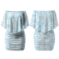 Pastel Blue Kahili Quilt Hawaii Family Matching Off Shoulder Short Dress and Hawaiian Shirt Tropical Flower Seamless Half Style LT14 Mom's Dress Blue - Polynesian Pride