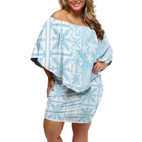 Pastel Blue Kahili Quilt Hawaii Family Matching Off Shoulder Short Dress and Hawaiian Shirt Tropical Flower Seamless Half Style