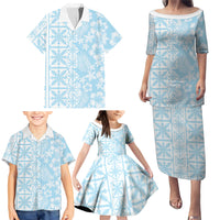 Pastel Blue Kahili Quilt Hawaii Family Matching Puletasi and Hawaiian Shirt Tropical Flower Seamless Half Style LT14 - Polynesian Pride