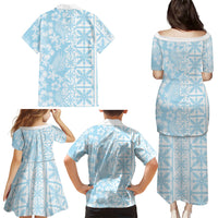 Pastel Blue Kahili Quilt Hawaii Family Matching Puletasi and Hawaiian Shirt Tropical Flower Seamless Half Style LT14 Mom's Dress Blue - Polynesian Pride