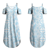 Pastel Blue Kahili Quilt Hawaii Family Matching Summer Maxi Dress and Hawaiian Shirt Tropical Flower Seamless Half Style LT14 Mom's Dress Blue - Polynesian Pride